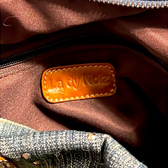 Lady Noiz. Rhinestones Medium Wash Denim and Brown Handbag with strap. NWOT. - Picture 7 of 9